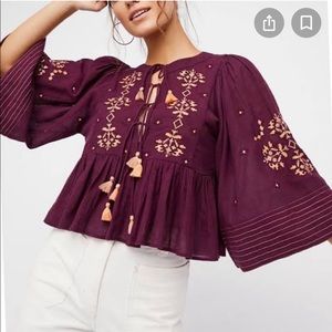 Free People • Embroidered Plum Wide Sleeve Crop